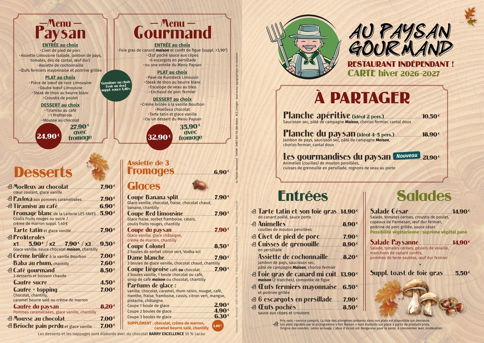 La carte d'hiver du restaurant : menus Paysan et Gourmand, planches à partager, desserts